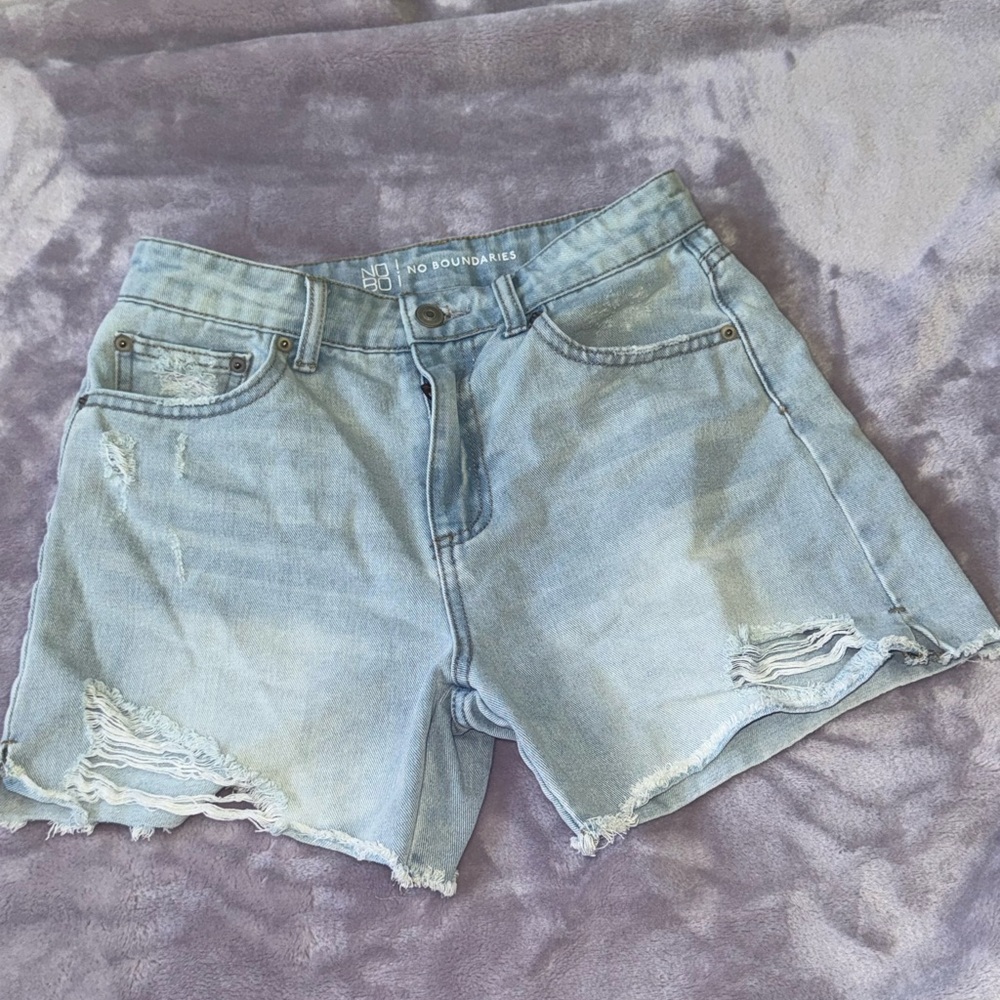 No Boundaries Blue Jean Shorts Distressed Raw Hem